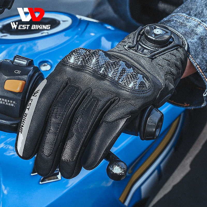 

WEST BIKING Leather Motorcycle Gloves Carbon Fiber 3D Protection Motocross MTB Cycling Gloves Touch Screen Wrist Knob Tightening