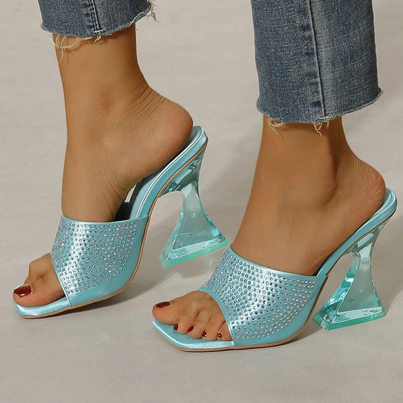 

Sexy Transparent Heels Women's Slippers Blue 2022 Open Toe Fashion Crystal Slides High Heels Sandals Women Shoes Plus Size 35-42