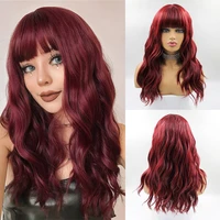 long wavy wine red synthetic wigs with bangs natural wavy curly red wigs for women heat resistant fiber hair for cosplay party