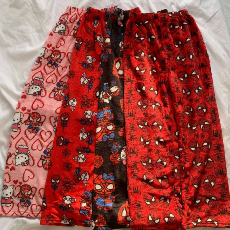 Pantaloni del pigiama in flanella Hello Kitty SpiderMan Indumenti da notte larghi con stampa di cartoni animati Abbigliamento da notte per la casa Comodo dormitorio