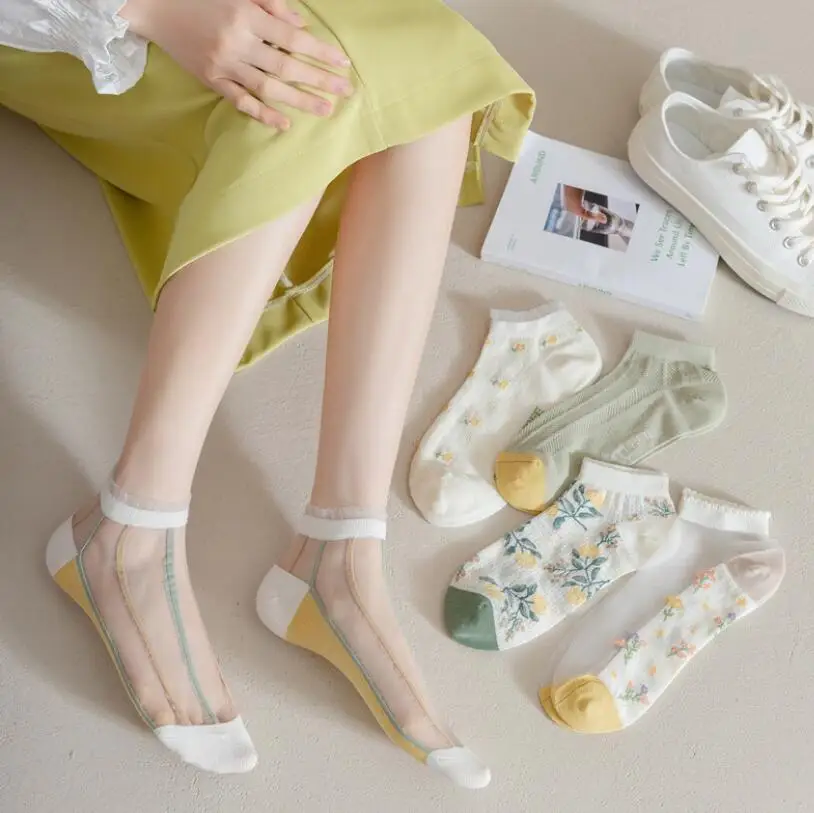 Summer Transparent Floral Socks for Women Cool Thin Mesh Crew Socks Light Crystal Striped Ankle Socks 5 Pairs/ Lot