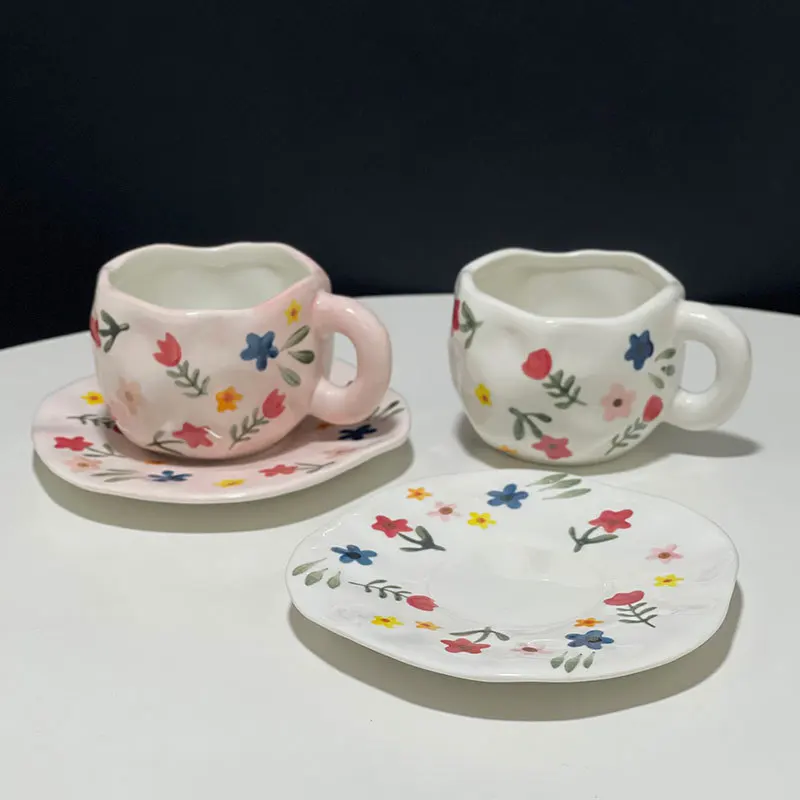 

Чашки и блюдца ручной работы неправильной формы с цветочным рисунком, креативные чашки для кофе, чая, блюдца, набор кухонной посуды, подарок