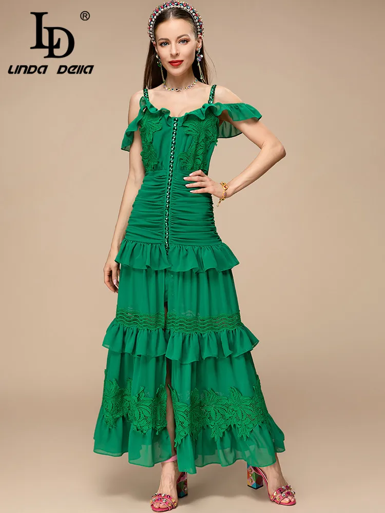 LD LINDA DELLA New 2023 Summer Fashion Women Green Spaghetti Strap Long Dress Sexy Strapless Ruffle Slim Under The Slit Dresses