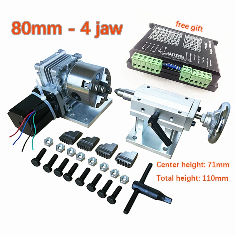 

The 4th Axis with 80mm 4-Jaw CNC Dividing Head Tailstock Driver for Wood/metal CNC Router Milling Machine CNC3040 6040 6090