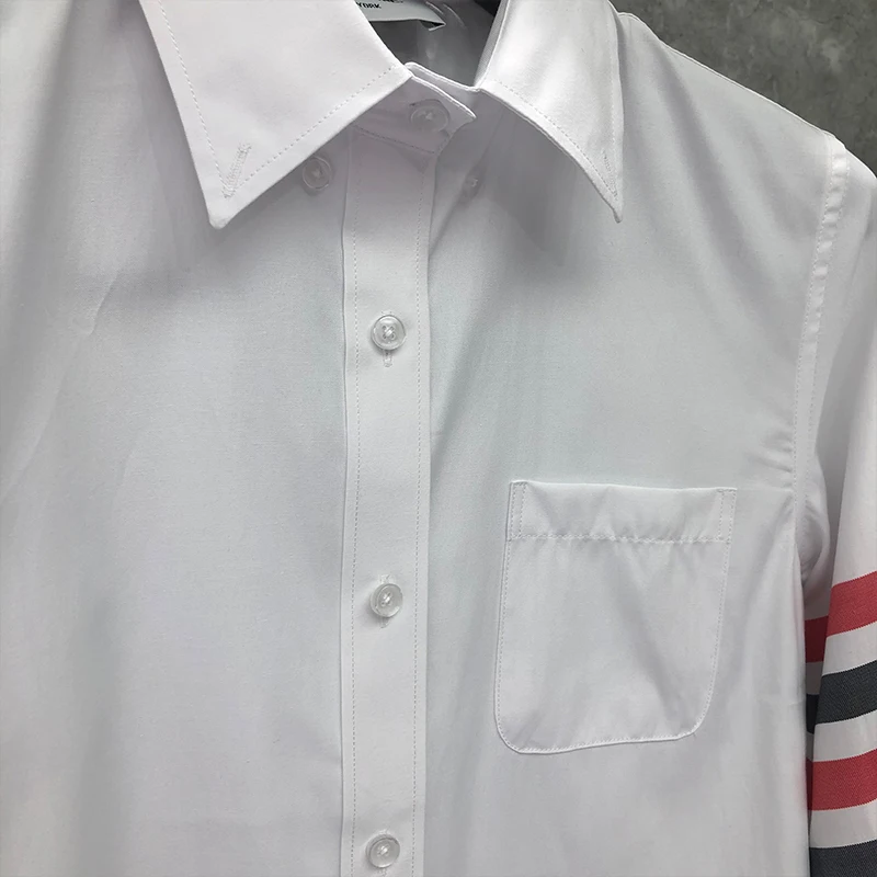 TB THOM Men's Shirt Fashion Top Brand 4-Bar Red Black Stripes Casual Oxford Fine Cotton Long Sleeve High Quality Women's Shirts
