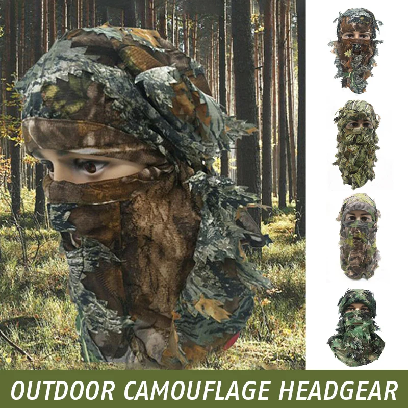 Waterproof Breathable Camouflage Mask Adult 3D Leaves Bionic Camo Hunting Ghillie Suit Accessories Outdoor Tactical Military Hat