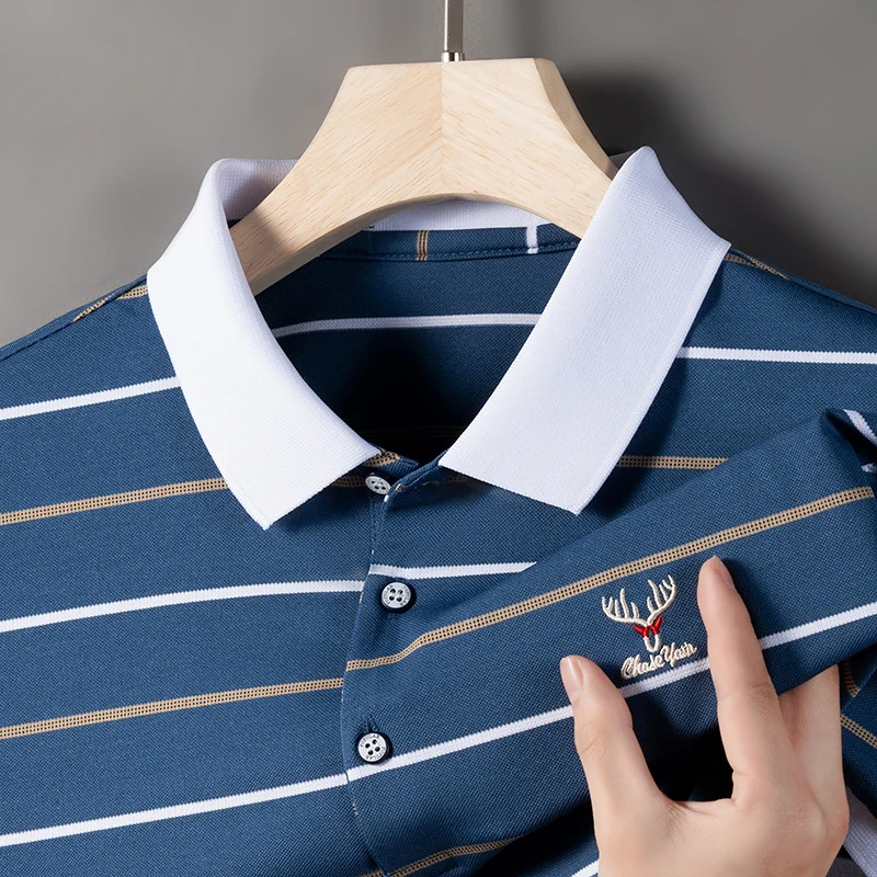 Men's cotton polo shirt embroidered striped T-shirt 2023 summer casual business short sleeved T-shirt men's golf clothing