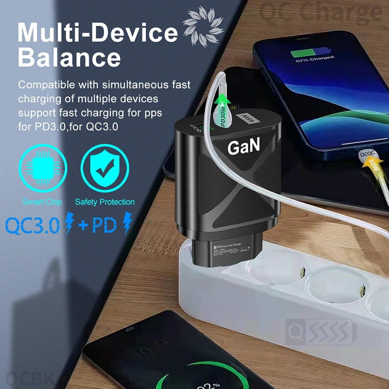 Быстрое зарядное устройство 65 Вт GaN US/EU/UK штепсельная вилка Type-C PD + QC3.0 USB 5 В/6.6A 9 В/3A