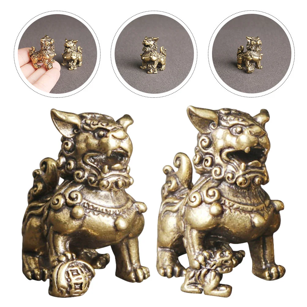 

2 Pcs Brass Lion Ornament Animal Statue Decor Tabletop Shaped Figurine Retro Bookshelf Creative Vintage Home Craft Tea Pet