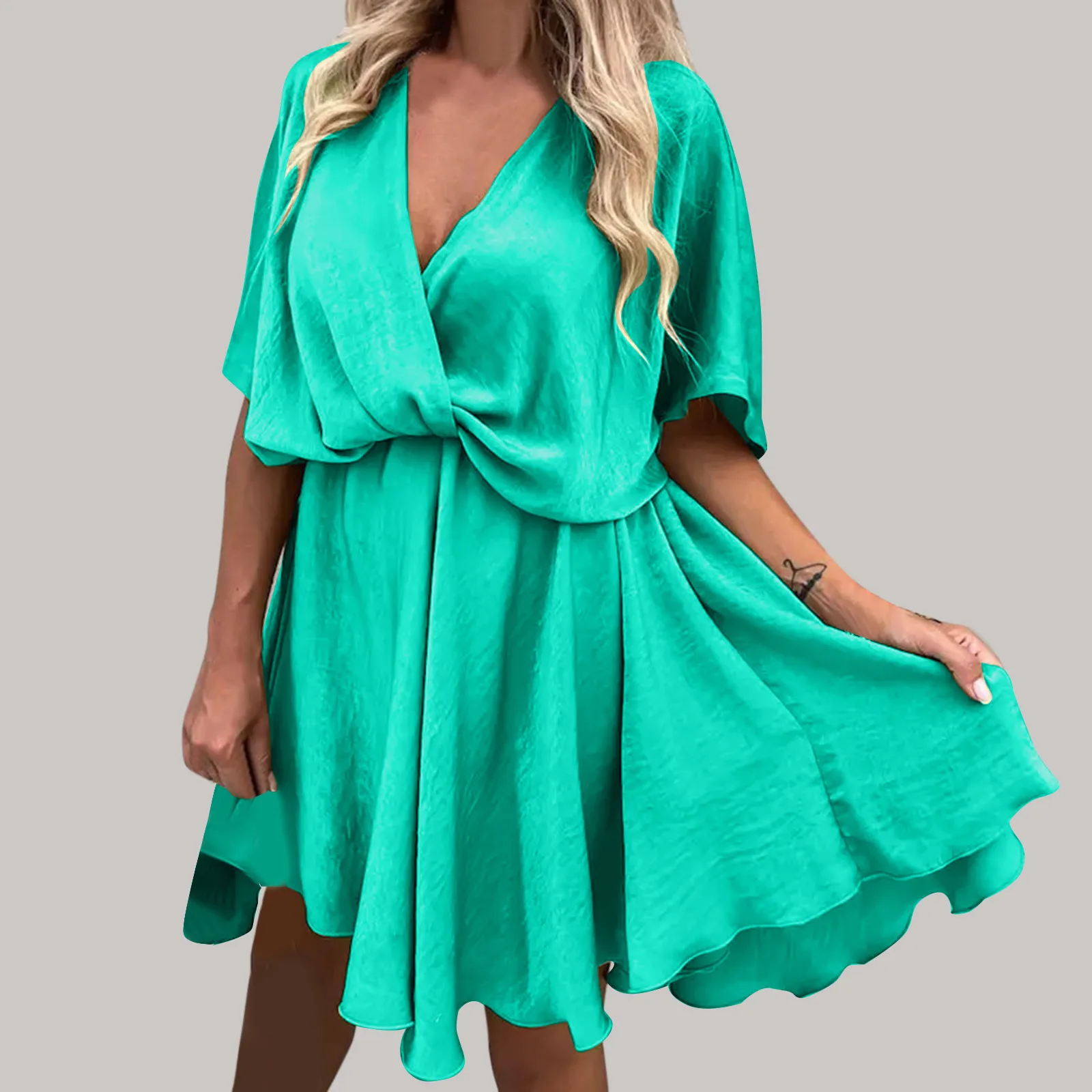 

Women Soild Print Mini Dress Batwing Sleeve Overlap Flowy Swing Dress Summer Beach Dresses Casual Women E Dress Knee Long Dress