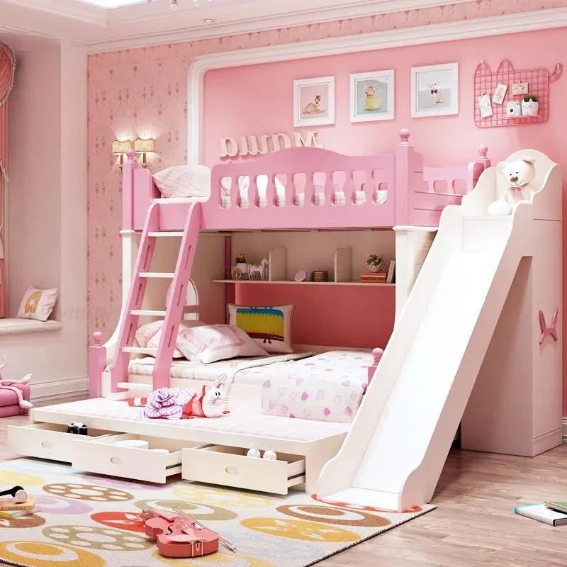 

Korean Style Children Beds Bunk Girl Pink Princess Desk Wardrobe Combination Children Beds Wooden Cama Infantil Furniture WZ
