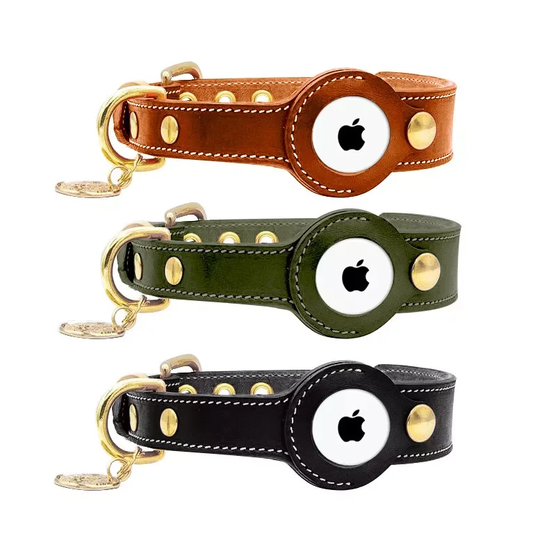 

NEW Luxury Genuine Leather Pet Collar With Airtag Holder Anti-lost Airtags Collar For Medium Large Dog Adjustable Necklace For P