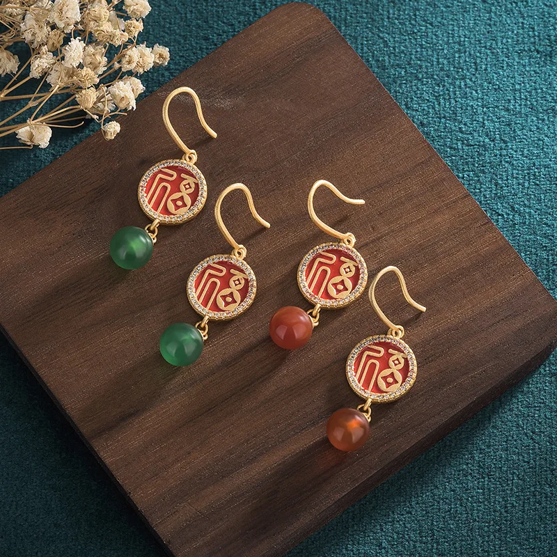 

New Chinese Style Enamel Drop Glaze Blessing Character Inlaid Natural Chalcedony Agate Festive Ear Hook Earrings Wholesale Sale