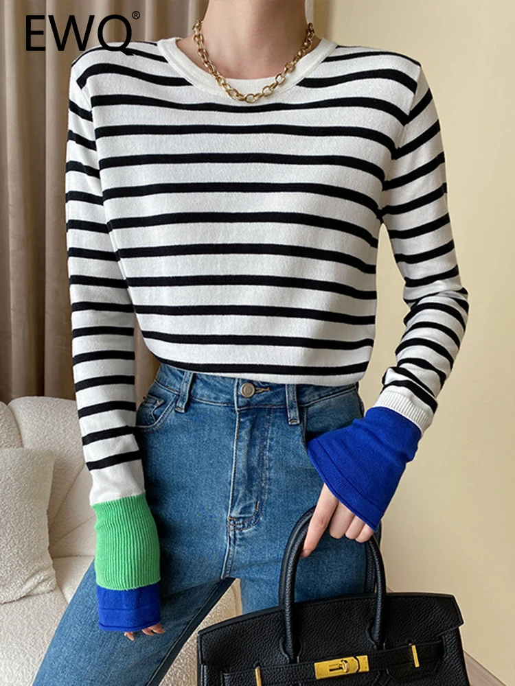 

EWQ Spliced Loose Bottoming T-shirt For Women Round Neck Long Sleeve Simplicity Office Lady Female Tops 2023 Autumn New 26D5451