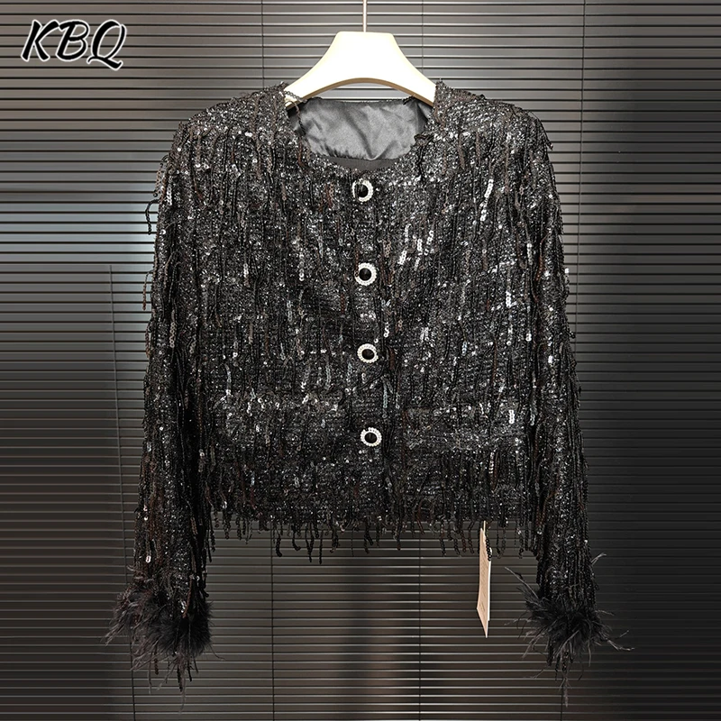 KBQ однотонные блестящие перья шикарные элегантные пальто для женщин с круглым