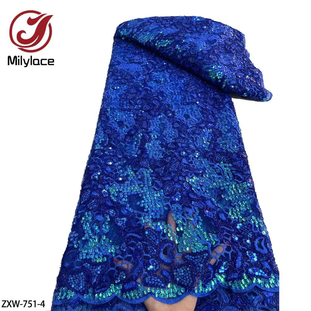 

High Quality French Mesh Tulle Lace Fabric with Sequins and Embroidered African Lace Fabric for Sewing Women Dress ZXW-751