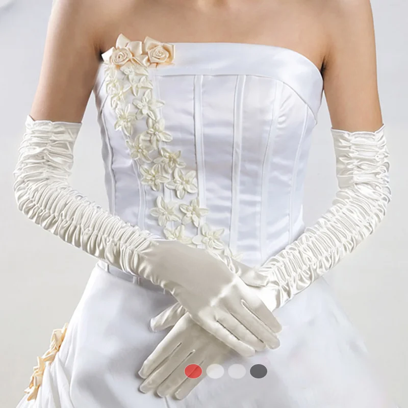 

Long over the Elbow Pleated Zou Satin Silky Driving Sun Protection Scar Cover up Oversleeves Wedding Dress Gloves