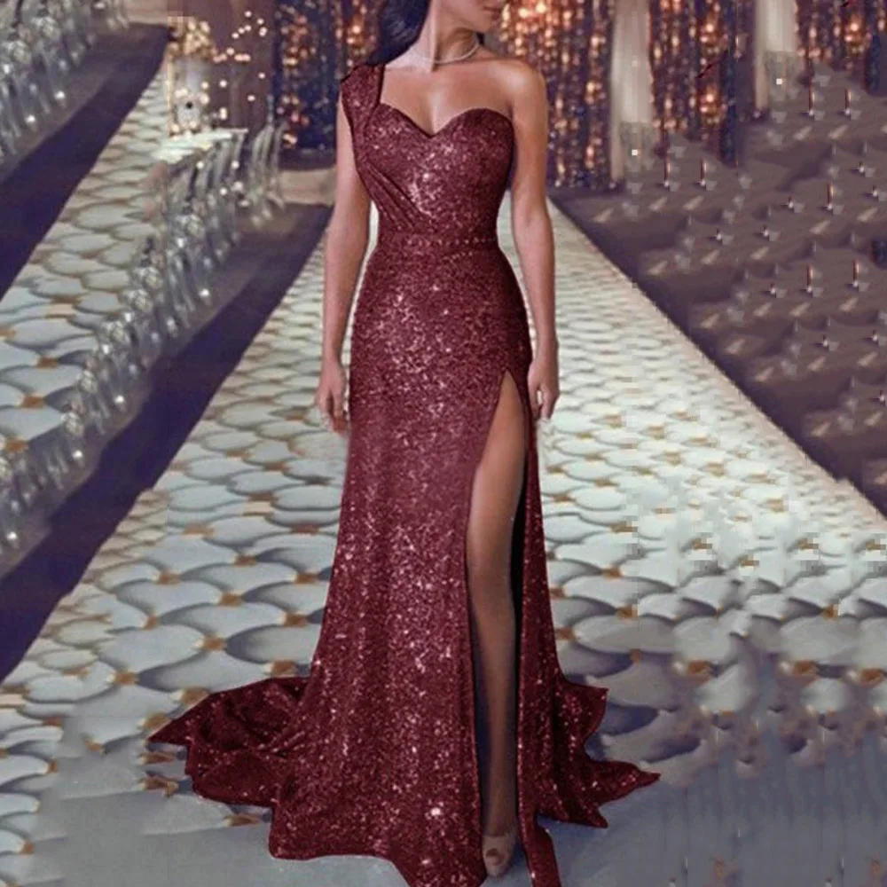 

Elegant Advanced Women Party Dress One Shoulder Non-sleeve Slim Pullover Sequins High Waist Western Style Spring Ladies Dress