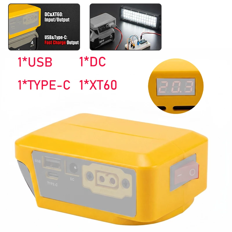 Фото Адаптер питания Dewalt 20V с портами USB Type-C и DC для мобильных телефонов, повербанков, инструментов постоянного тока, светодиодных фонарей, DIY-проектов и радиоуправляемых моделей №1