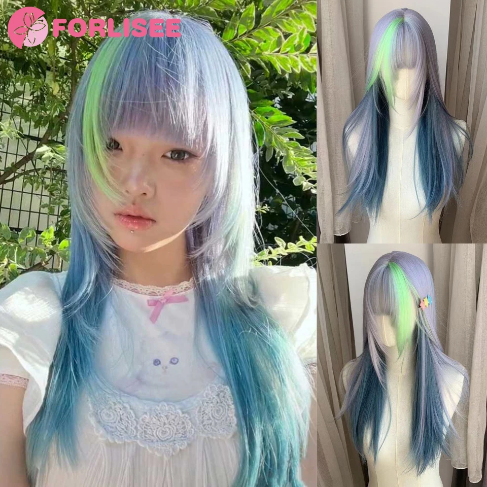 FORLISEE длинные прямые синтетические парики синий зеленый свет косплей парик с