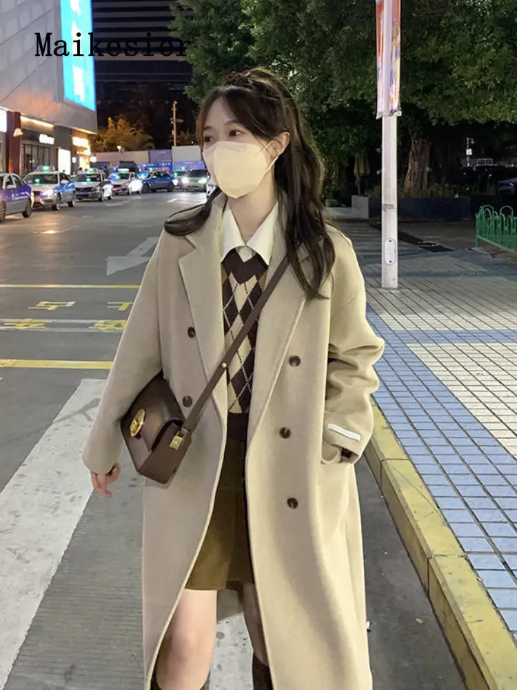 

Женское шерстяное пальто на пуговицах, однотонное Свободное пальто с лацканами и длинными рукавами, верхняя одежда, весна-осень