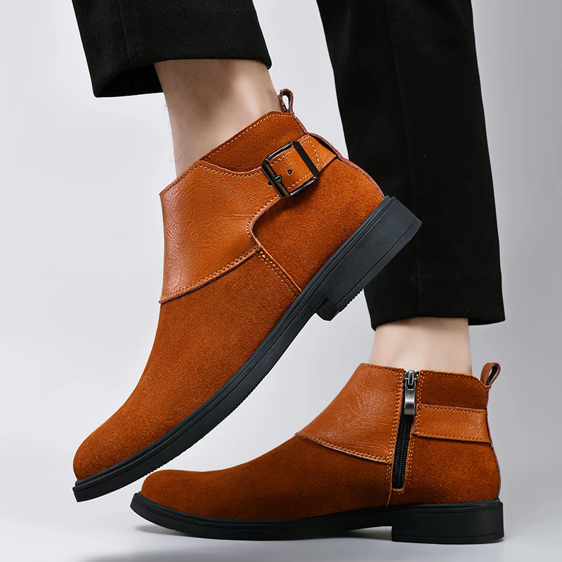

Мужские кожаные ботинки, Черные ботильоны с круглым носком, перекрестной шнуровкой и пряжкой на ремешке, обувь для осени и зимы, 2023