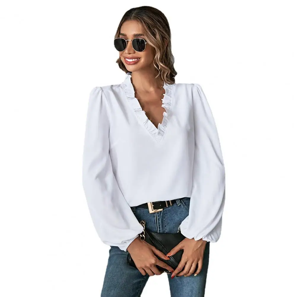 

Trendy Shirt Blouse Shrink Resistant Autumn Top Ruffle Collar Ladies Casual Lantern Long Sleeve Shirt Versatile