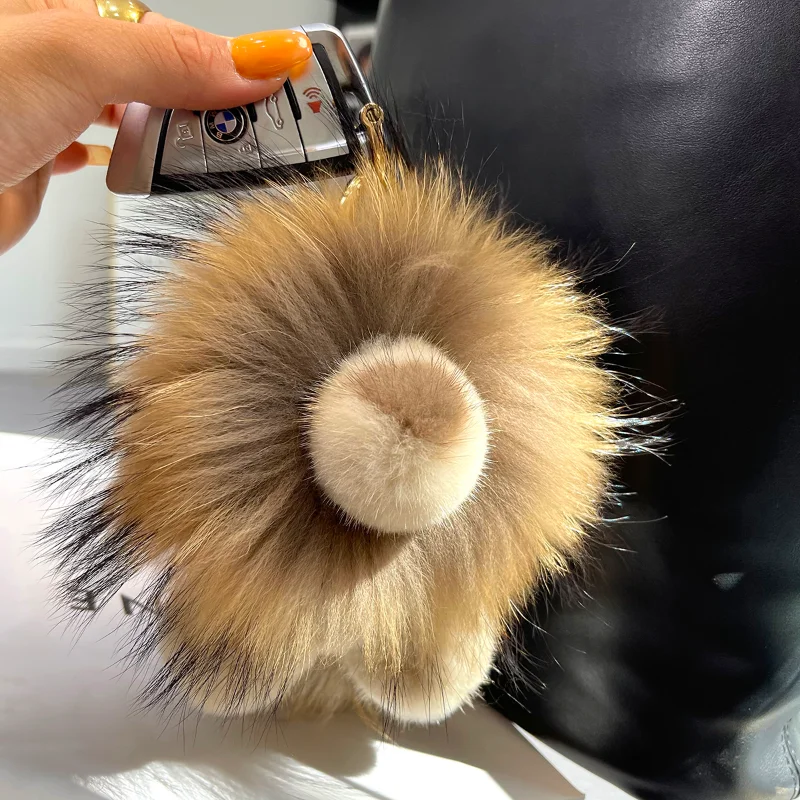 Lion Natural Mink Real Fur Handmade Cute Key Chain Bag Accessory Car Keychain Keyrings Gift for Women Girl Accessories