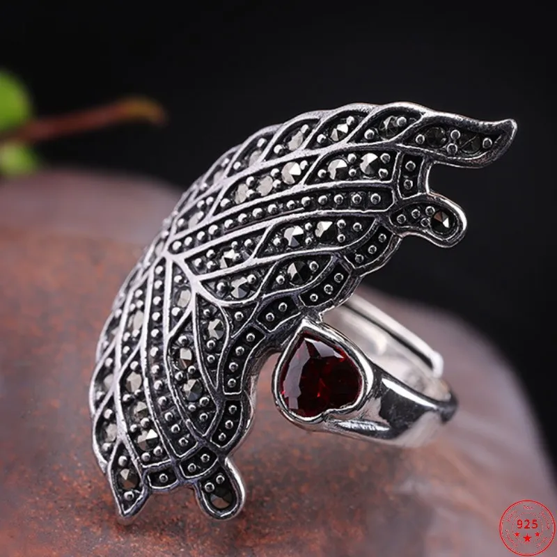 

Женские кольца из серебра S925 пробы, 2023, новая мода, узор листьев, в форме сердца, гранат, регулируемые ювелирные изделия из серебра