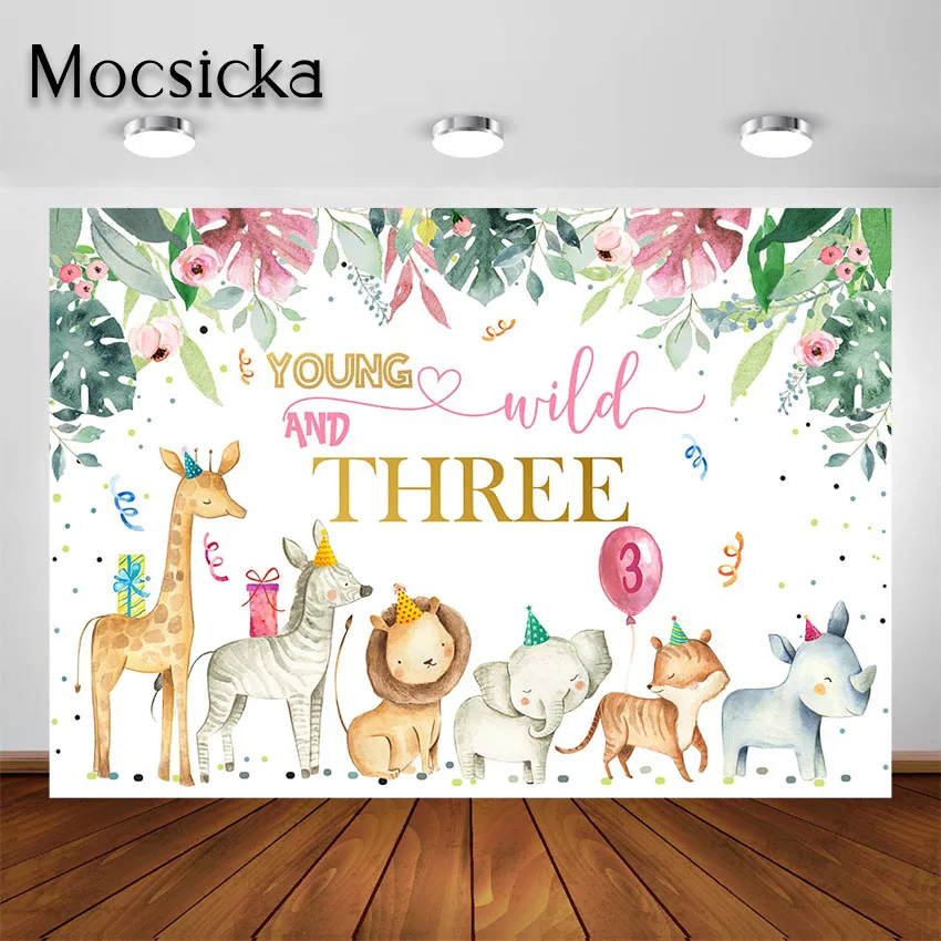 

Mocsicka Young Wild & Three Backdrop for Girl Jungle Safari 3rd Background Young Wild and Three Birthday Party Decorations