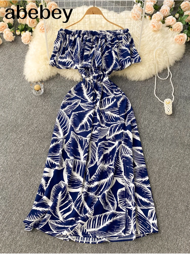 

Sexy Slash Neck Off Shoulder Floral Dress Women Elegant Short Sleeve High Waist A-Line Printed Party Vestidos Female 2022
