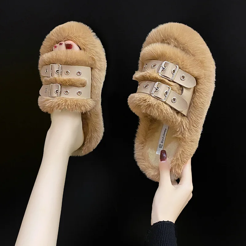 

Female Sandal Fur Heels 2022 Women's Low-Heeled Shoes With Strap Girls New Fashion Low-heeled Outside Rome Rubber Basic Fabric S