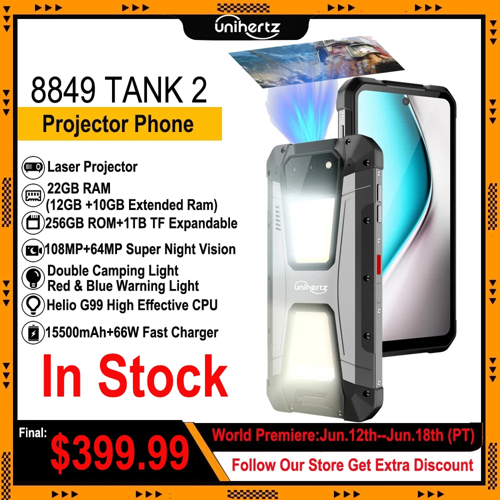 Unihertz 8849 Tank 2 Projector Rugged 22GB RAM 256GB ROM 108MP Camping Light 64MP Super Night Vision G99 15500mAh Support SD TF