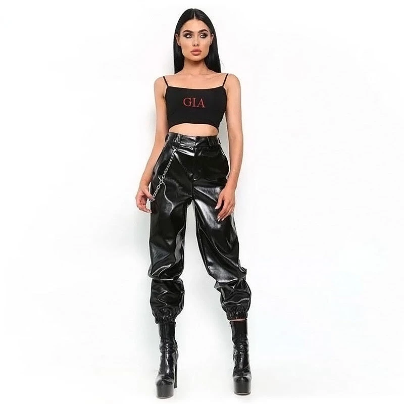 Solid color Loose Latex Women's Trousers Shiny Patent Leather High Waist Trousers With Chain Loose Jogging Pants Cargo Pants Cus