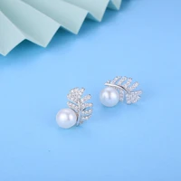 womens 925 sterling silver stud earrings feather inlaid zircon freshwater pearl fashion jewelry couple holiday gift