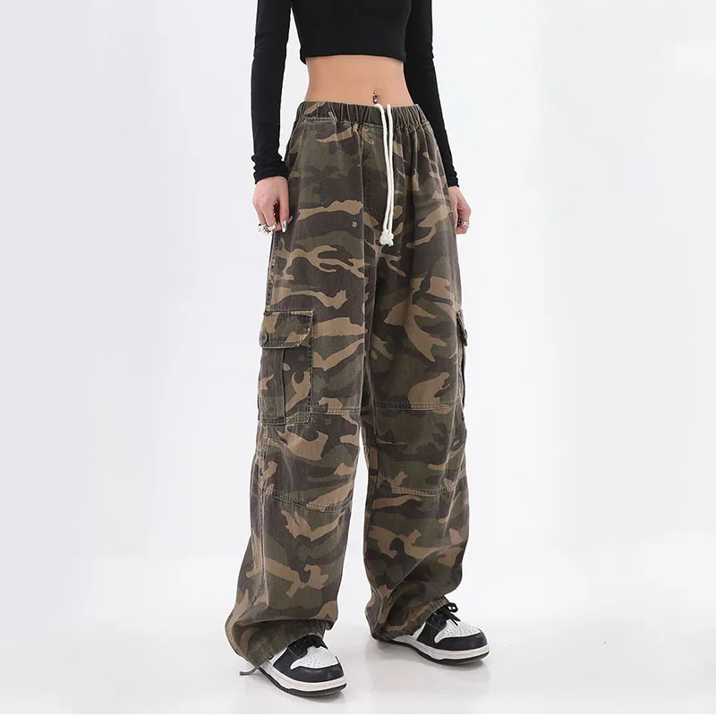 Streetwear Women Oversize Camouflage Cargo Pants Drawstring Elastic Waist Pockets Spring Autumn Vintage Fashion Casual Trousers