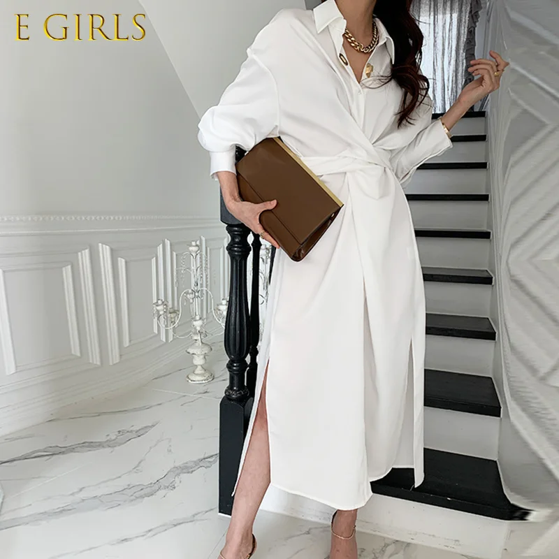 

J GIRLS Solid Side Split Casual Dress For Women Lapel Long Sleeve High Waist Single Breasted Mid Dresses Female Fashion New