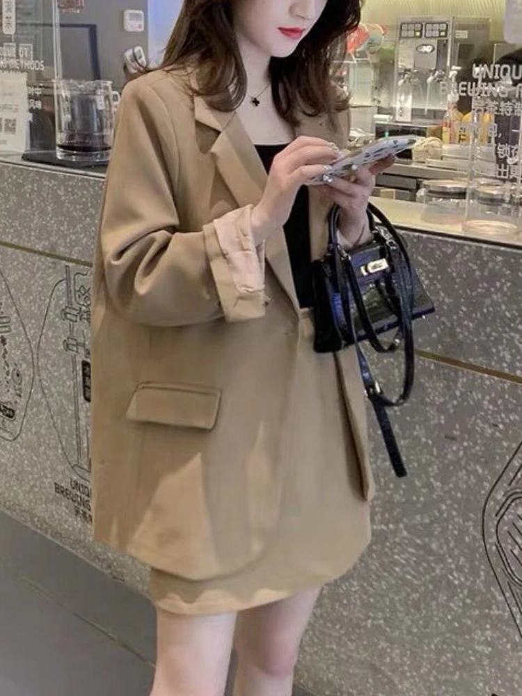 High Waist Slim Elegant Suit Skirt Korean Style Fashion Retro Loose Jacket 2-Piece Set Solid Female Business Casual Skirt Set