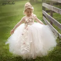 Lovely Puffy Flower Girl Dresses For Wedding 2022 Long Sleeves Illusion 3D Flower Appliques Birthday Party First Communion Gowns