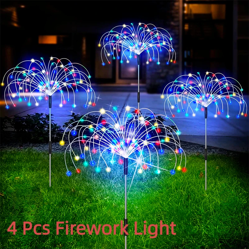 4PACK 90 LED Solar Fireworks Light Outdoor Dandelion DIY Shape Garden Light IP65 Waterproof Lawn Light Festival Light
