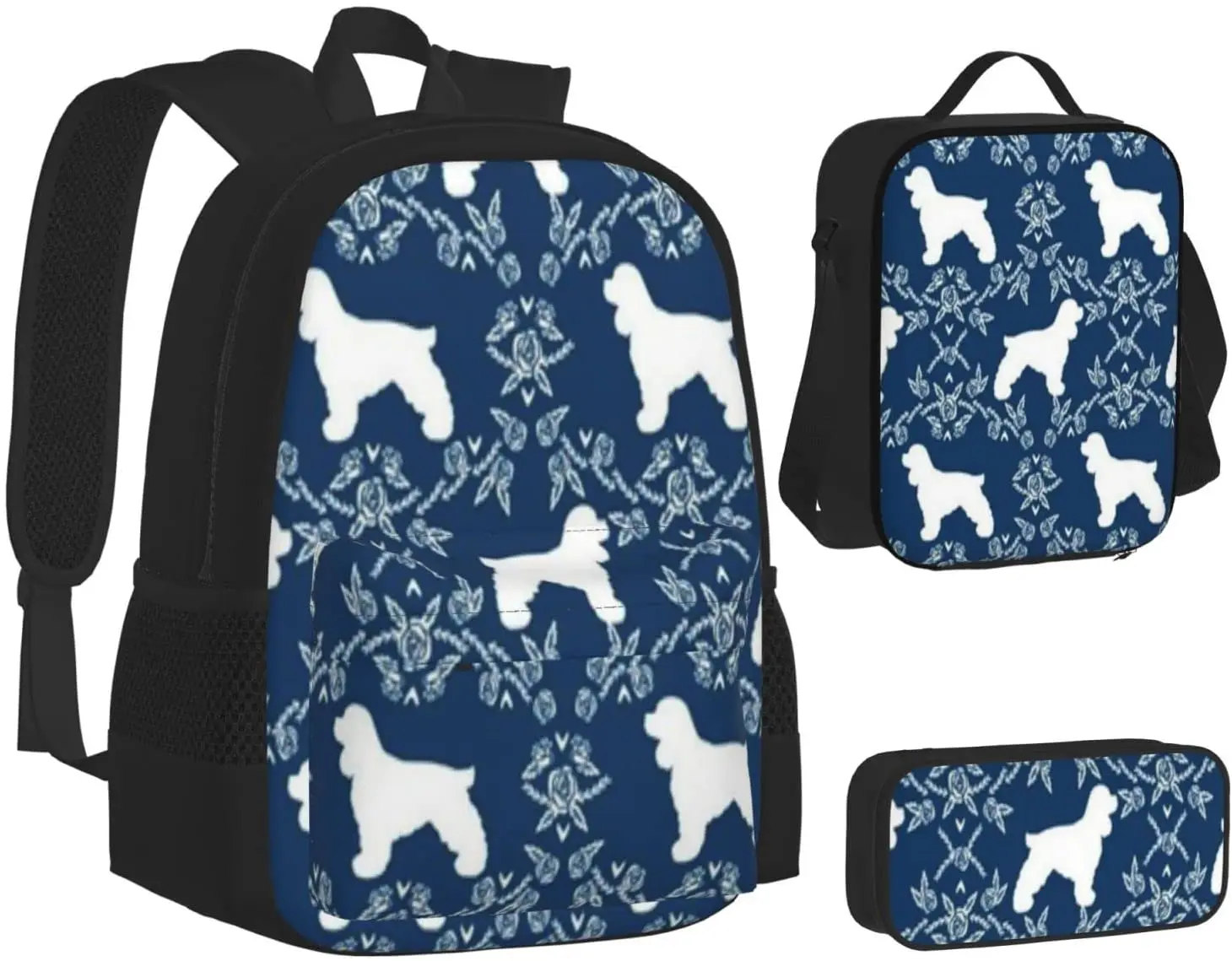 Cocker Spaniel Dog  Silhouette Floral Schoolbag Travel Bag Casual Daypack Lunch Bag Pencil Case for Boys Teens Girls 3pcs Sets