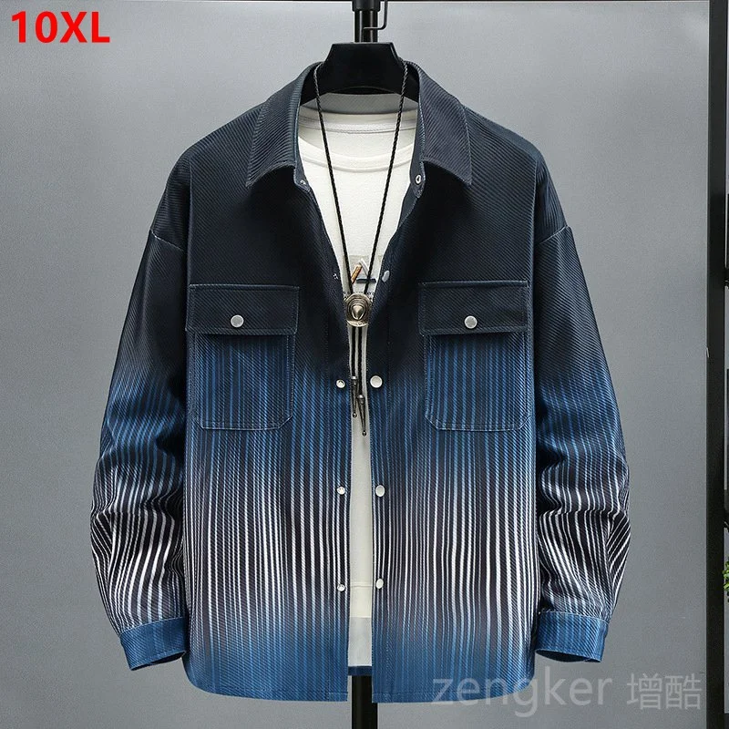 

Large size men's shirt long-sleeved men's autumn casual plus size loose Striped shirt trend of the work shirt jacket 10XL 9XL