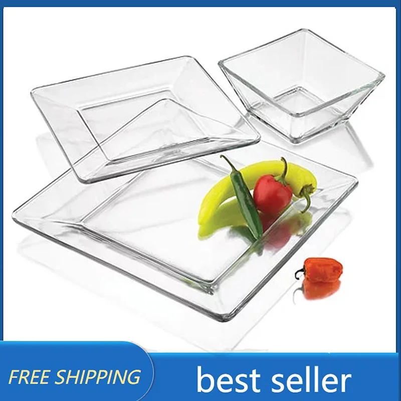 Mainstays 12-Piece Square Clear Glass Dinnerware Set, Home/K