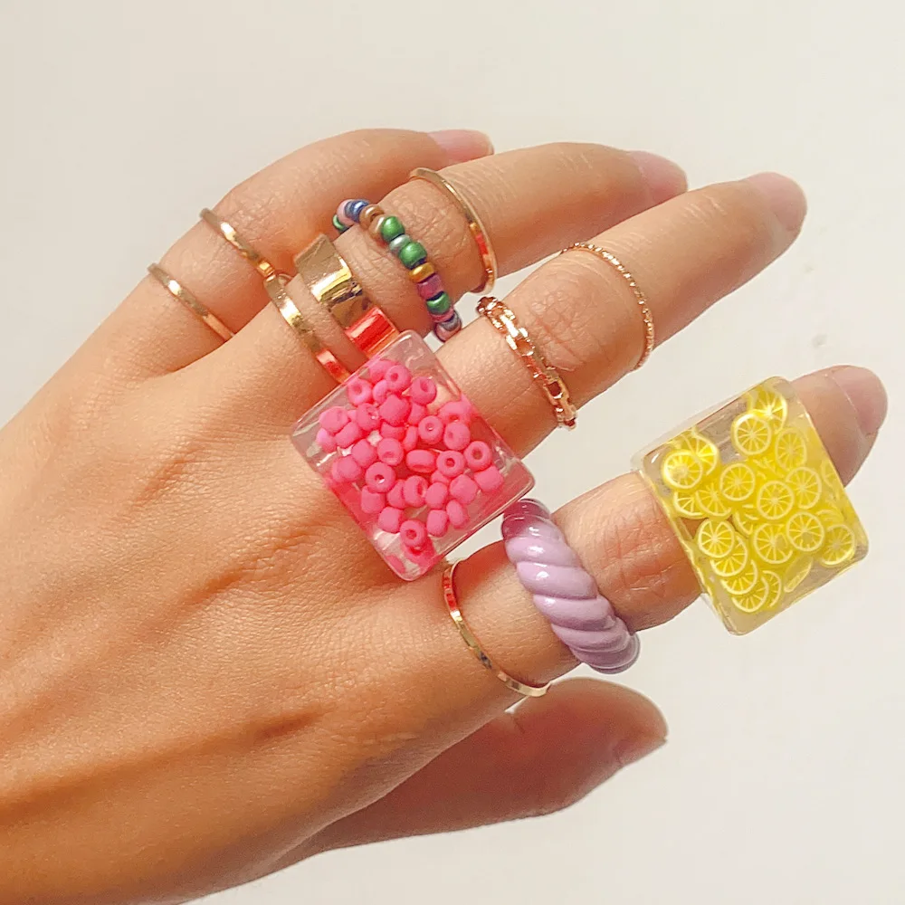 

Fashion Rice Bead Alloy Resin Ring Set Exaggerated Personality Pop Ins Candy-colored Rings Set For Women Jewelry Gift Wholesale