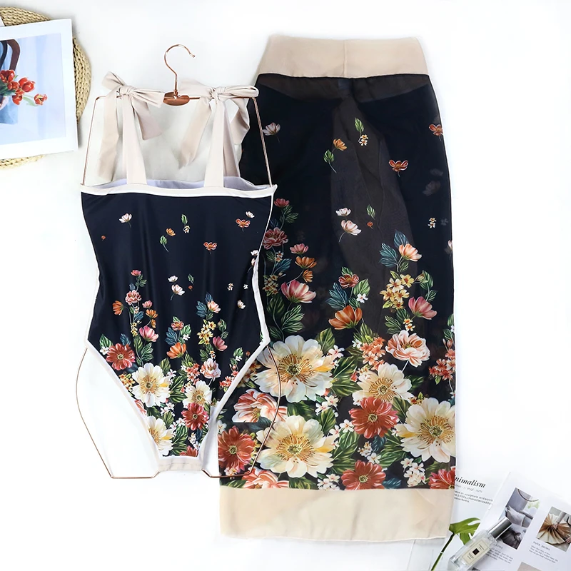 MUOLUX 2023 Vintage Swimsuit One-Piece Floral Print Swim Skirt Women Cover Up Swimwear Summer Beachwear Brazilian Swimming Suit