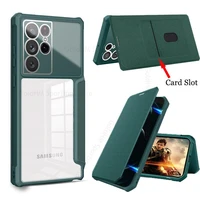 for samsung s22 ultra magnetic flip wallet card slot kickstand case for galaxy s21 s22 plus leather transparent lens glass cover