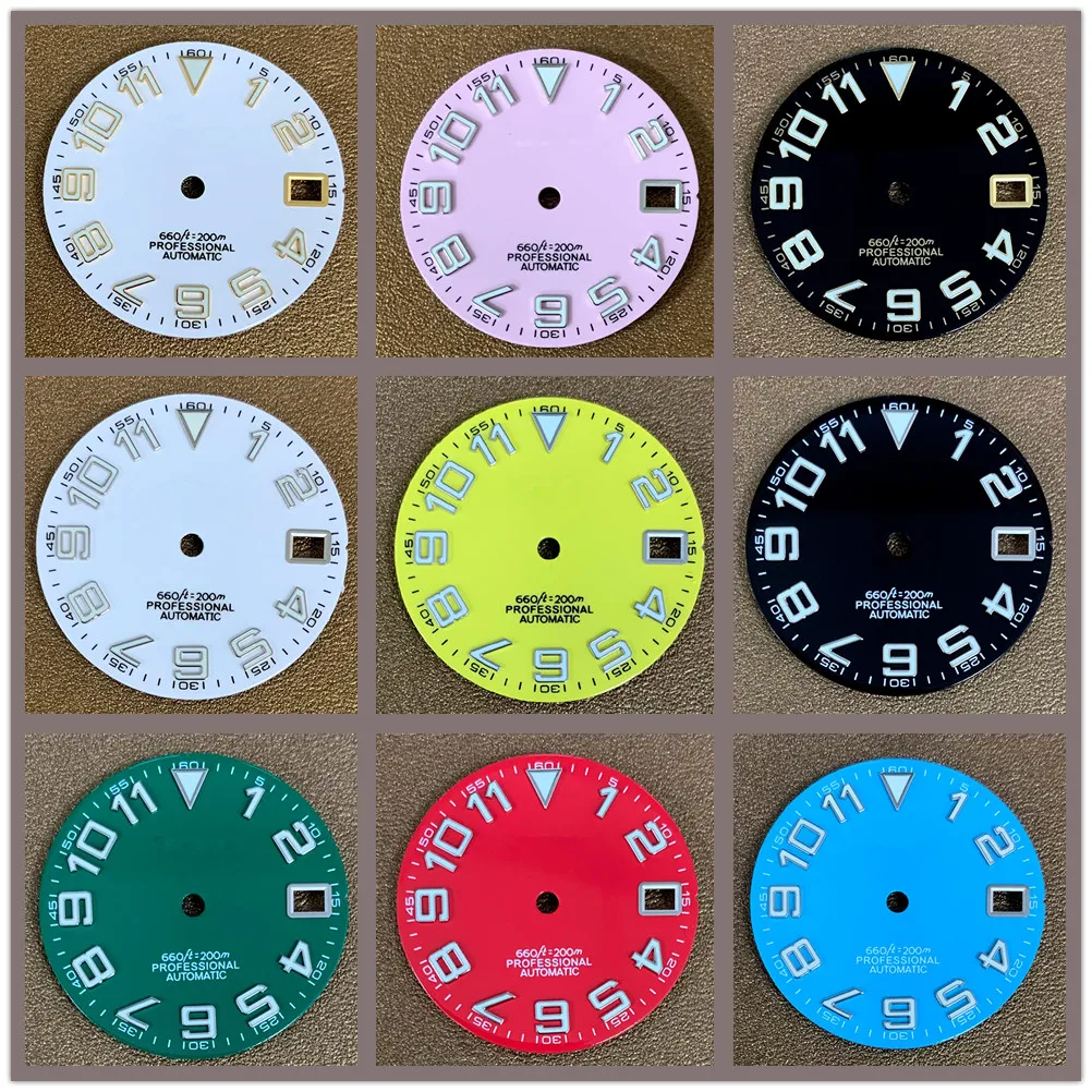 

Watch Modification Calendar Enamel Surface Dial Green Luminous 28.5mm Suitable for NH35/36 Mechanical Movement Dials S Logo Dial