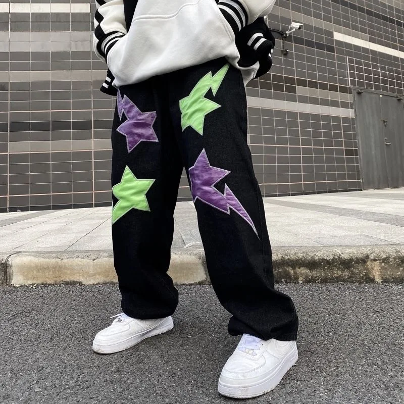 Jeans original hip-hop street lightning five-pointed star patch men and women summer loose casual wide-leg straight jeans