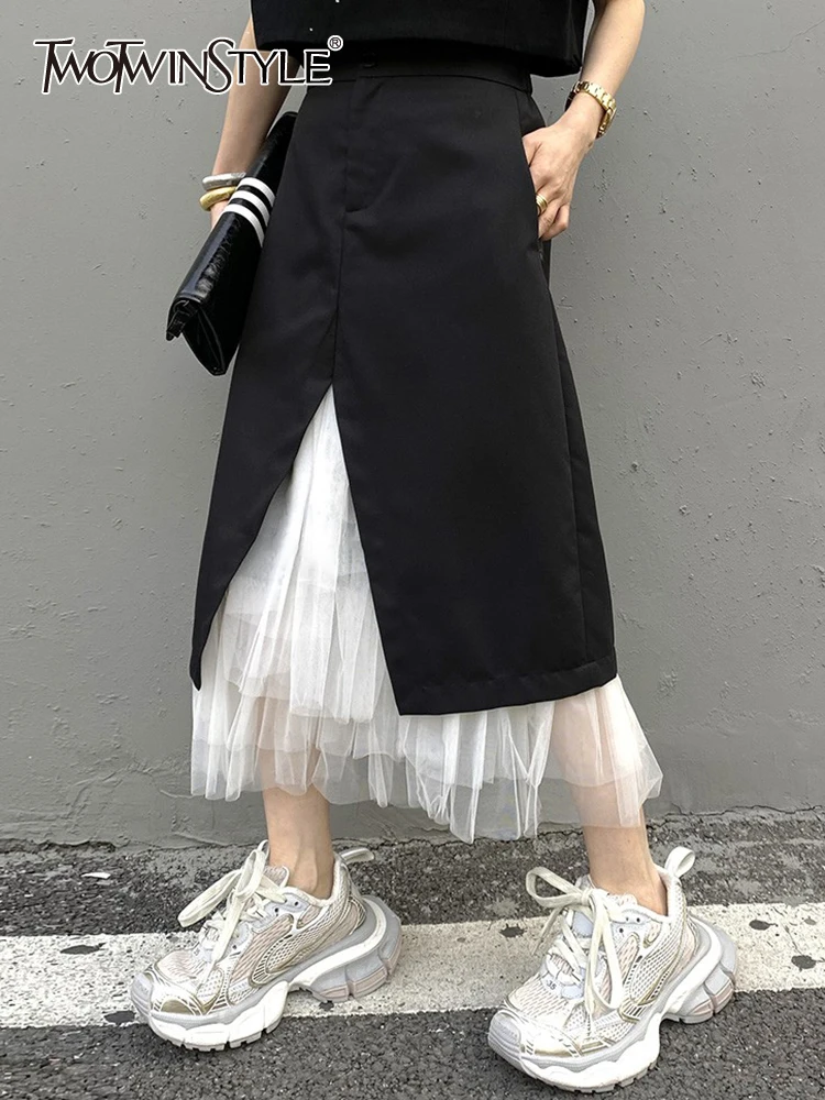 

TWOTWINSTYLE Asymmetrical A Line Skirts Female High Waist Hit Color Spliced Mesh Midi Skirt For Women Casual 2023 Clothing Style