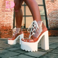 hot sale black women sandals pvc lace up cool girl square high heels platform shoes women sexy party club white sandals female
